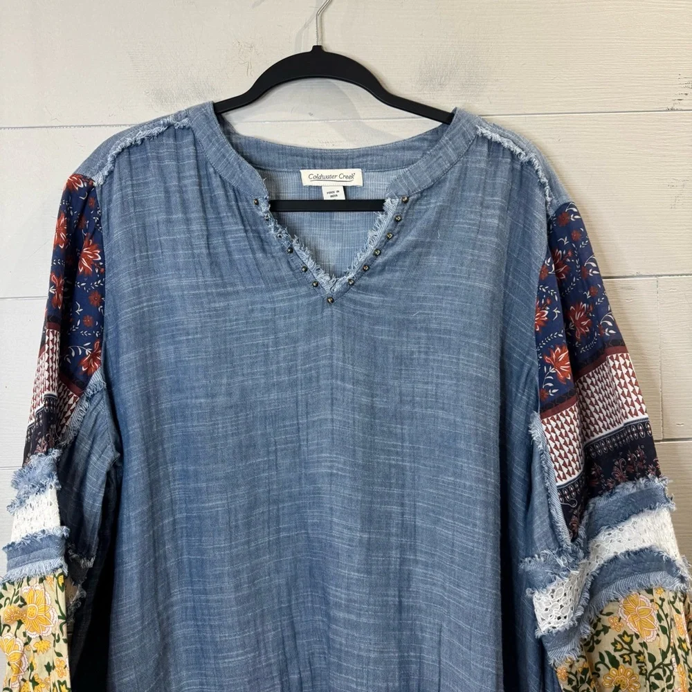 Coldwater Creek 100% Cotton Boho Blue Patchwork Blouse Size XL - Picture 2 of 10